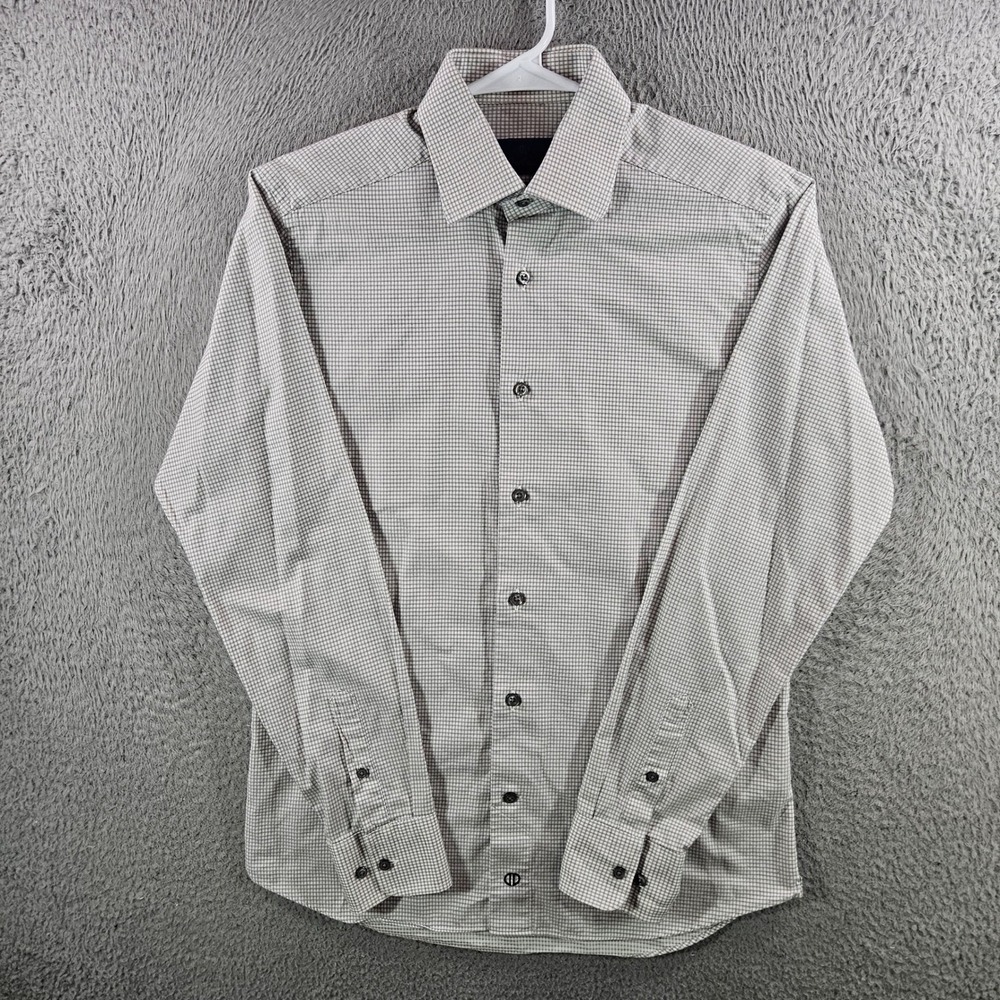 David Donahue Mens Slim Fit Dress Shirt 15.5 34/35 Grey White Check Cotton